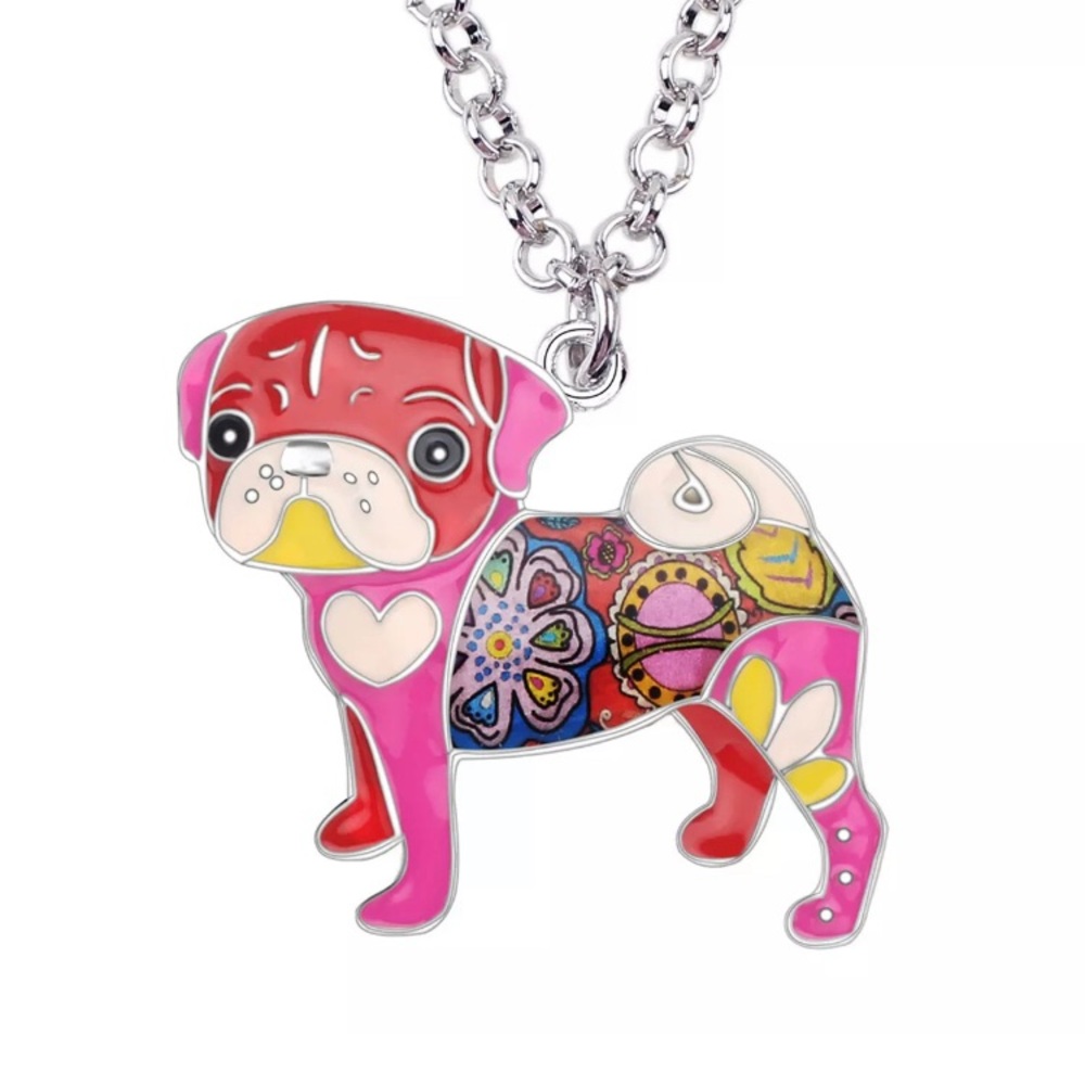 Enamel Pug Dog Puppy Pendant & 316 Stainless Steel Necklace